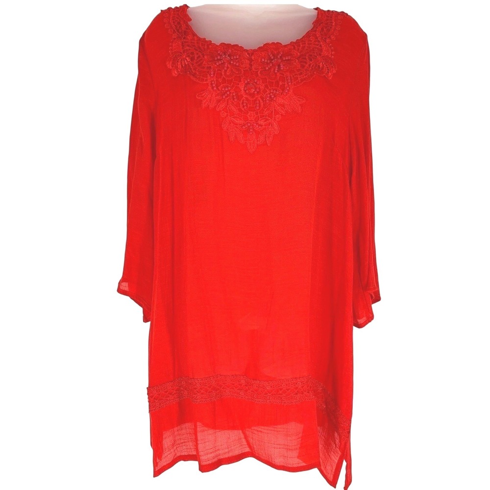 MAD Style Large Red Lightweight Tunic Dress Lace Boho Romantic Casual